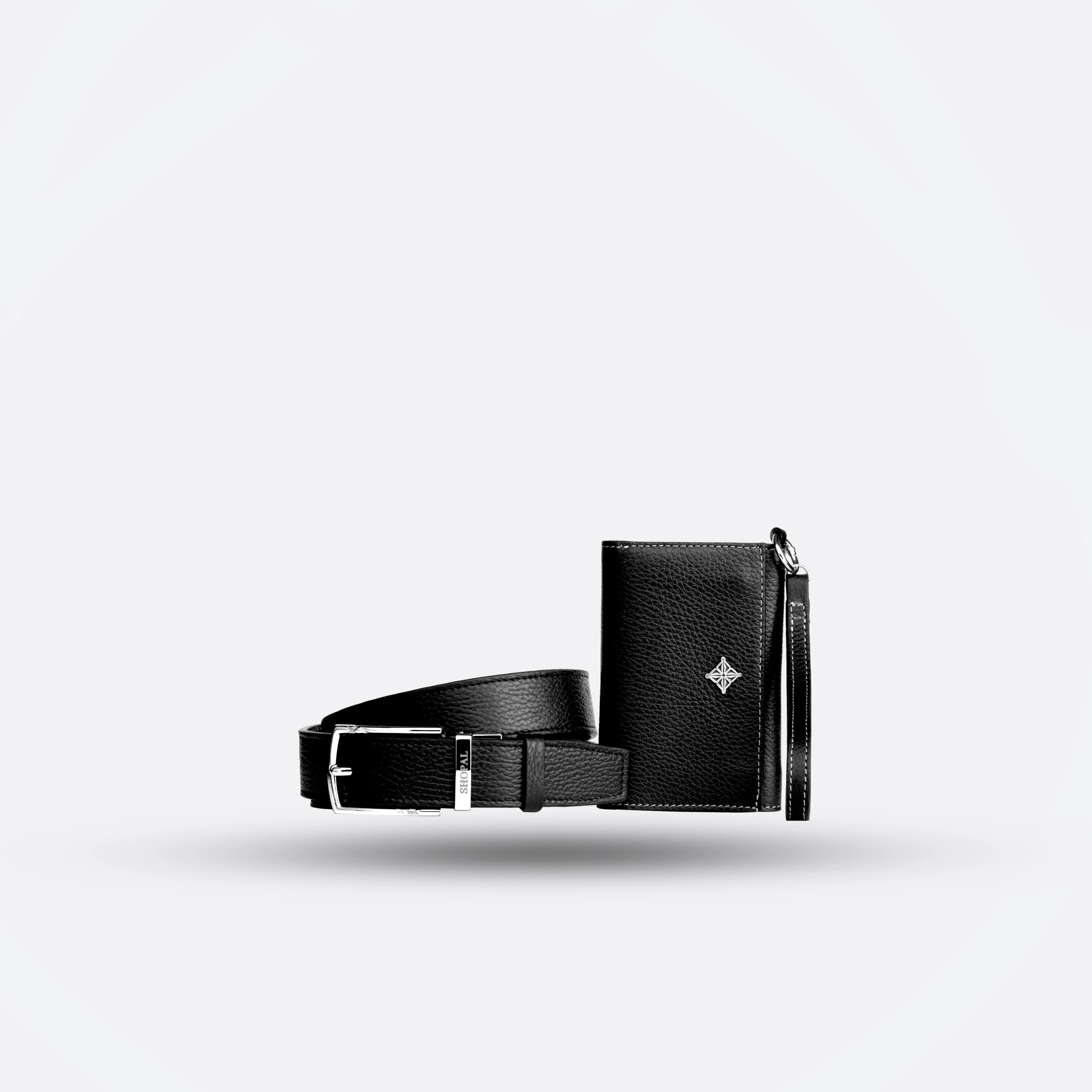 coffret portefeuille compact  - ceinture en cuir noir 